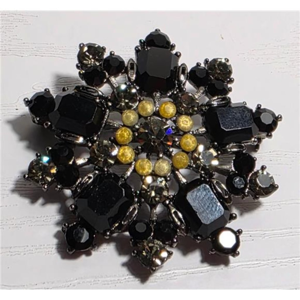 Vintage Flower Rhinestone Brooch 45mm Black Clear Lucite Burst Gunmetal Tone
